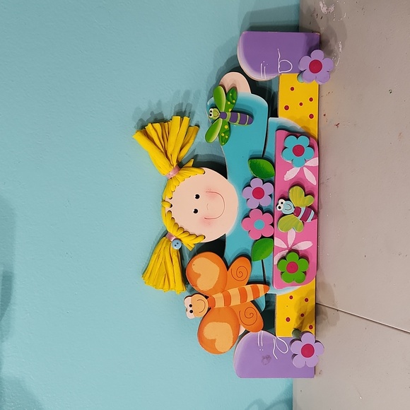 Kids Wooden 2 Peg Wall Hanging with Florals & Bugs Multicolored - Picture 2 of 7